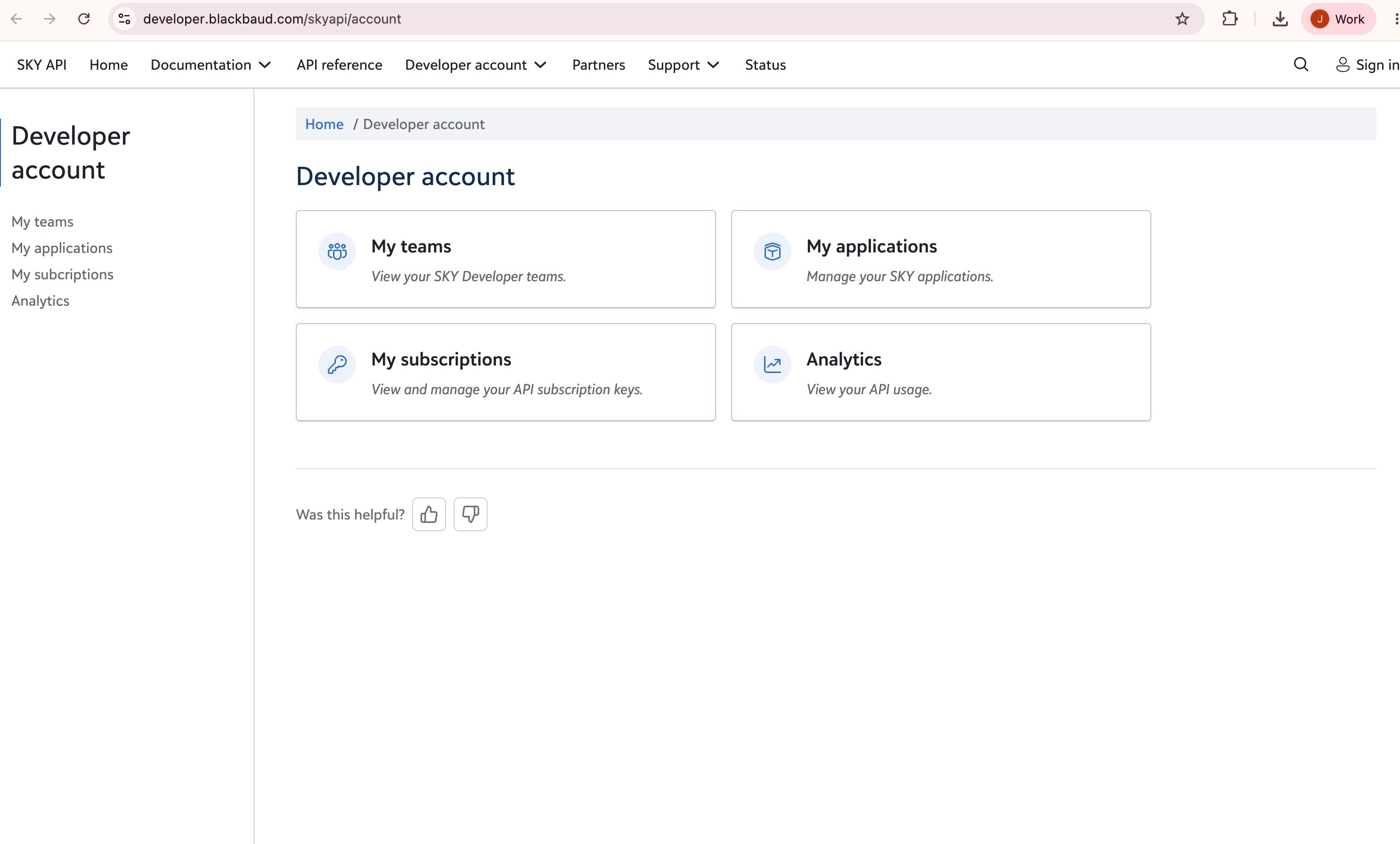 Blackbaud SKY Developer account portal with My applications