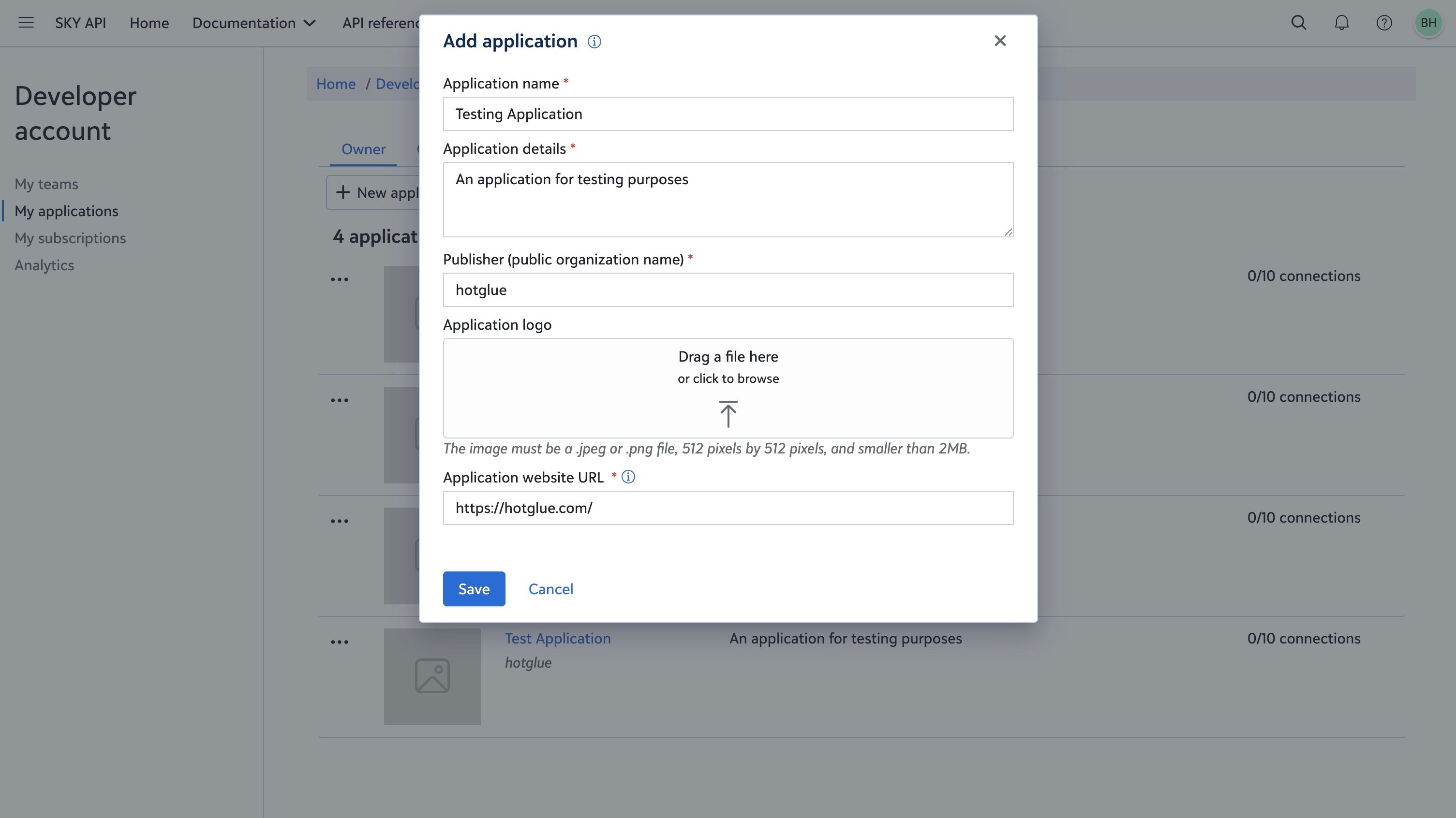 Blackbaud Add application modal with required fields