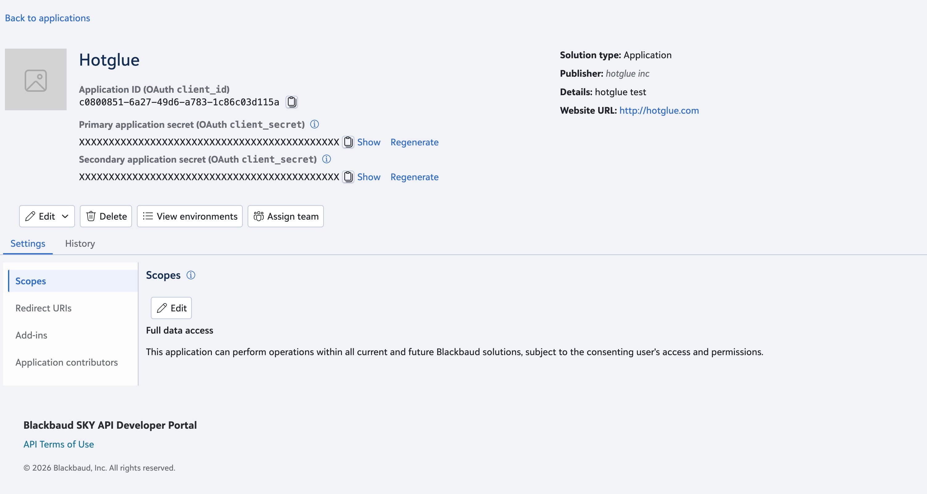 Blackbaud application page with Application ID and client secret