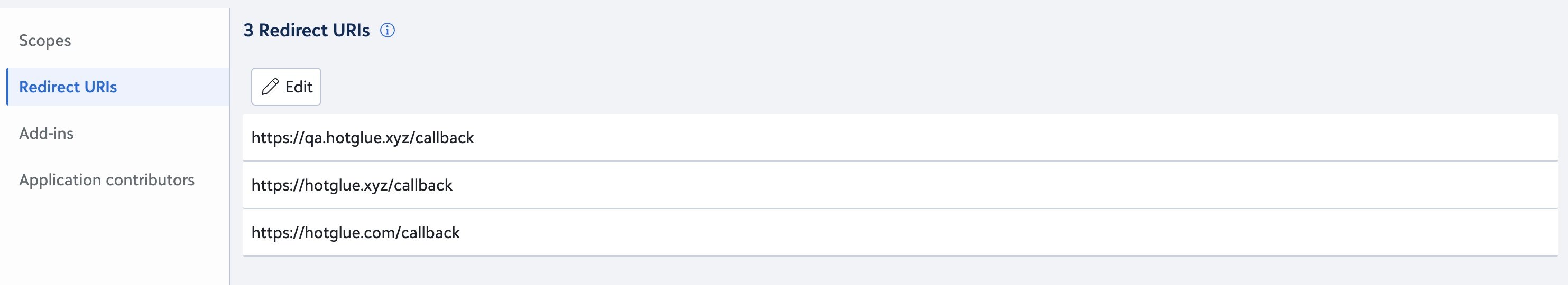 Blackbaud Redirect URIs settings with hotglue callback URLs