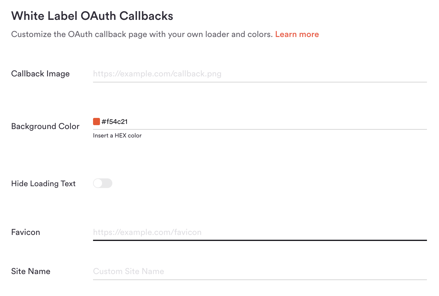 White Label setup interface