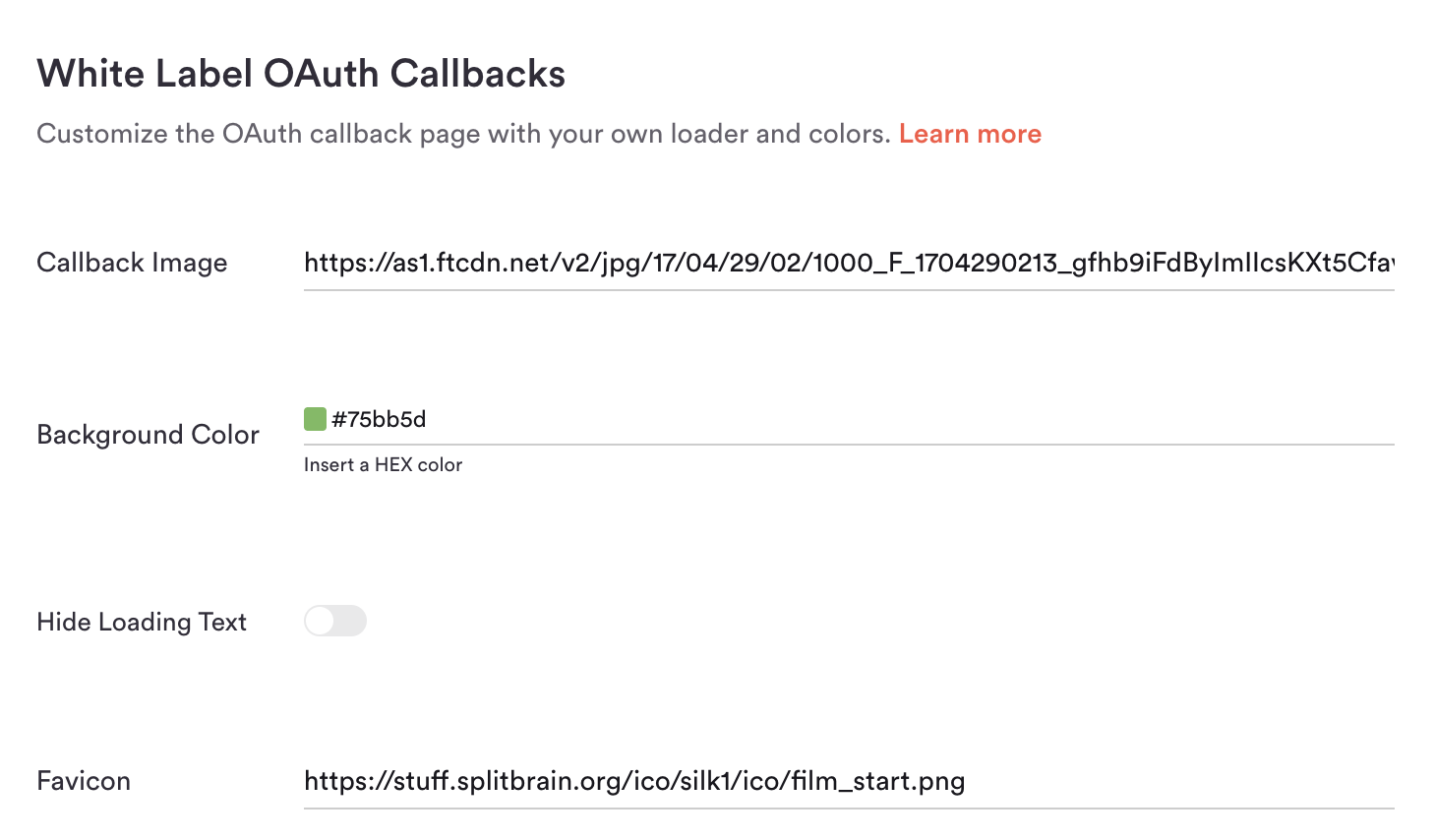 Example of custom white-label settings
