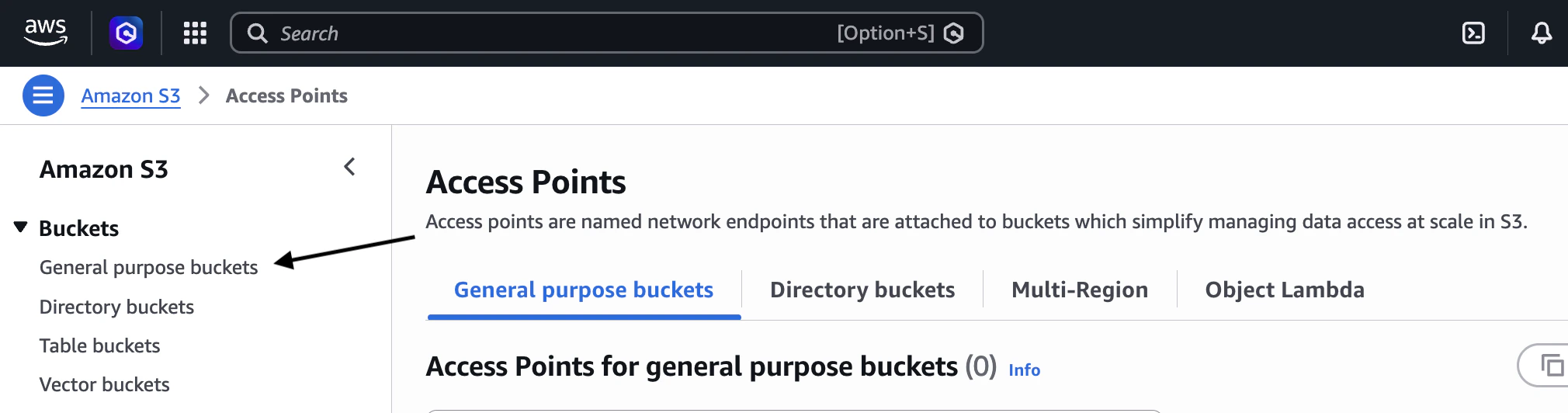 Click on General Purpose Buckets