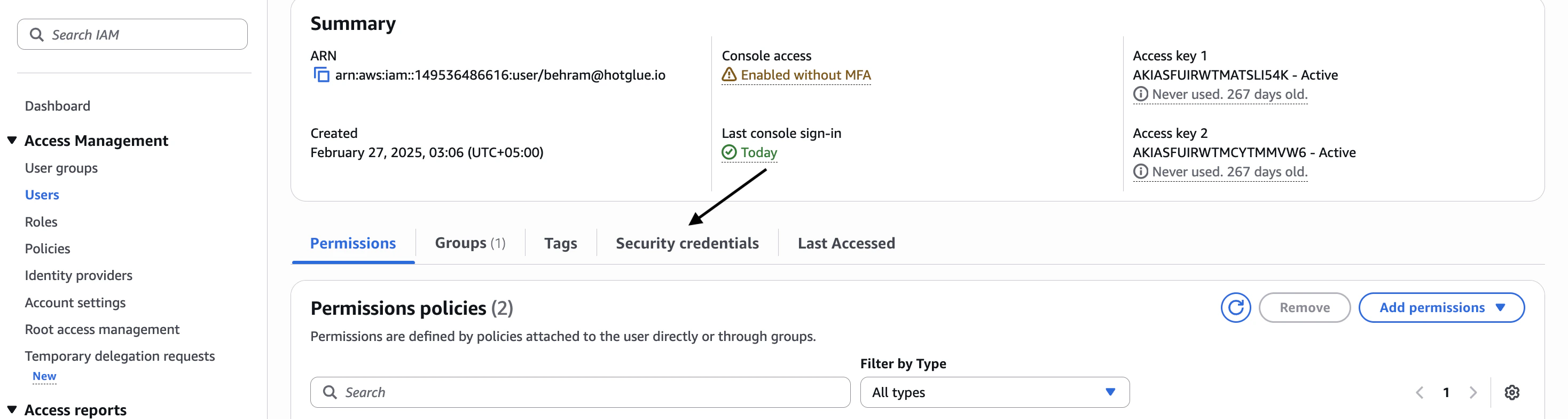 Go to Security Credentials to get Access Key workflow