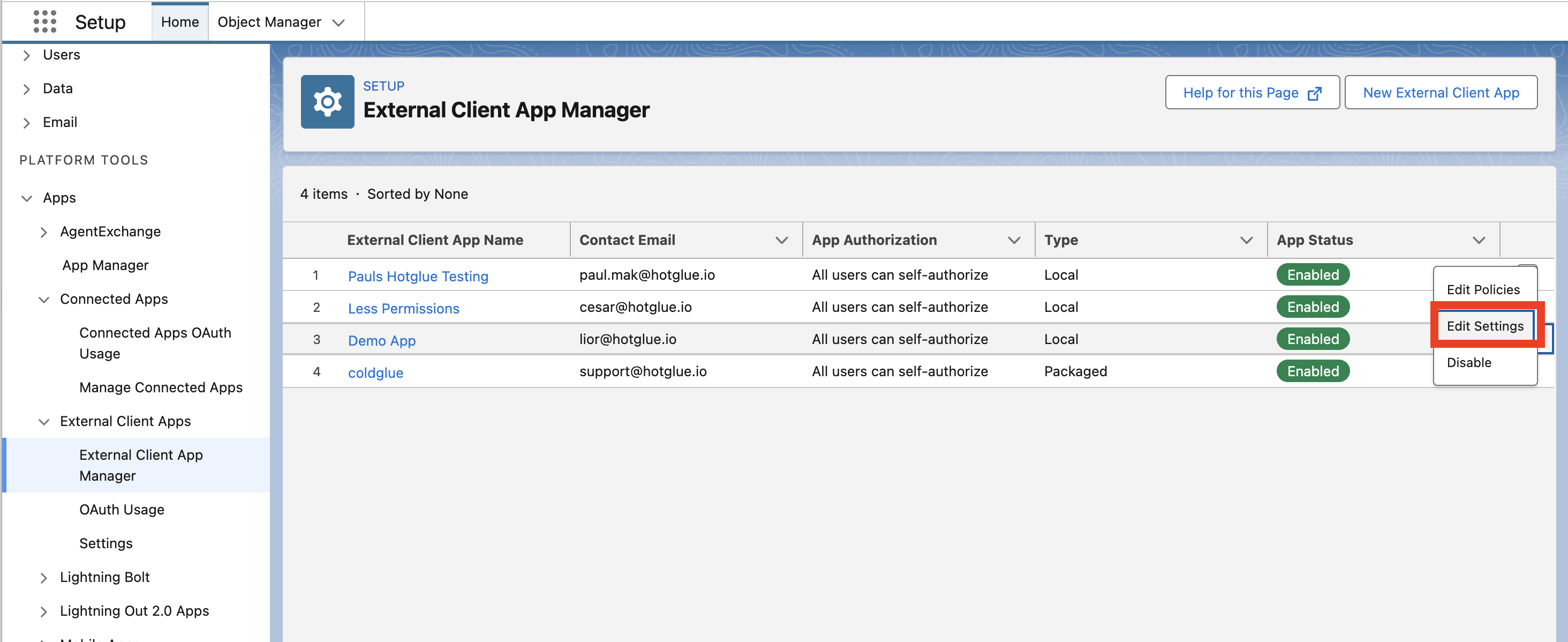 Edit Settings for an External Client App