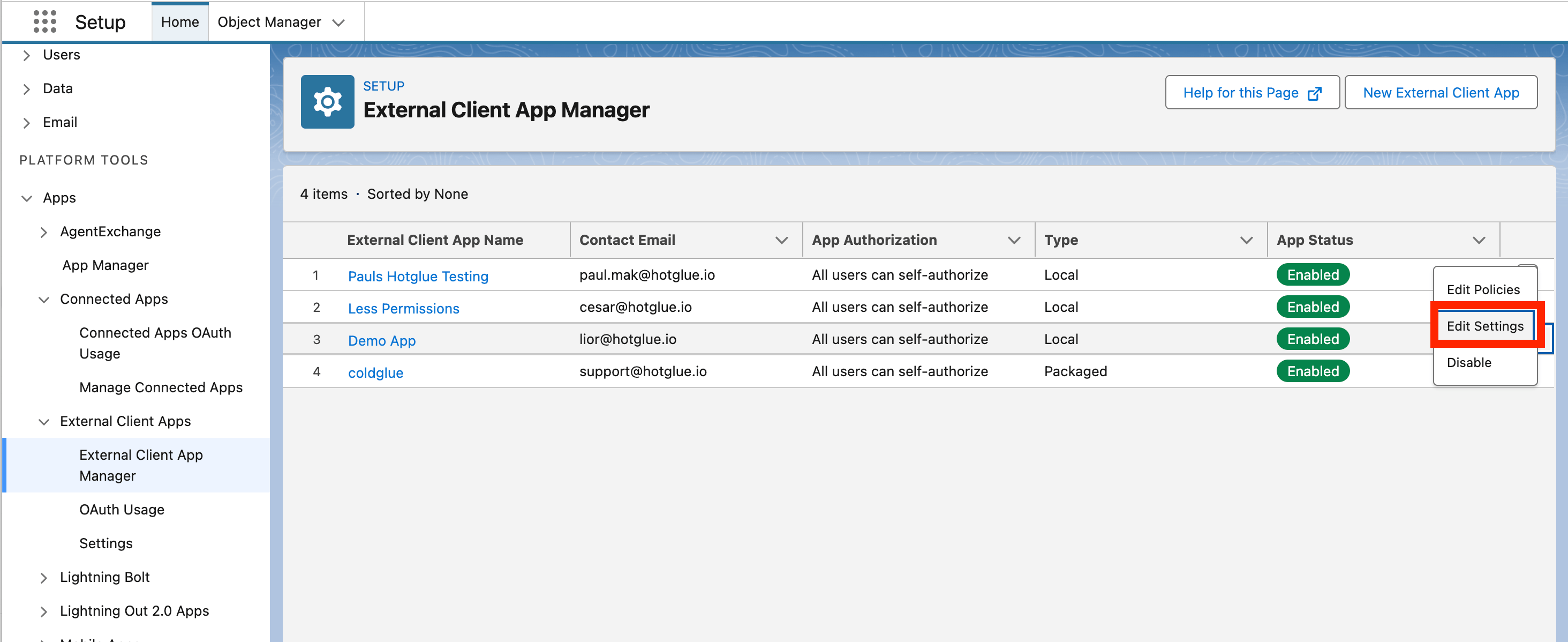 Edit Settings for an External Client App