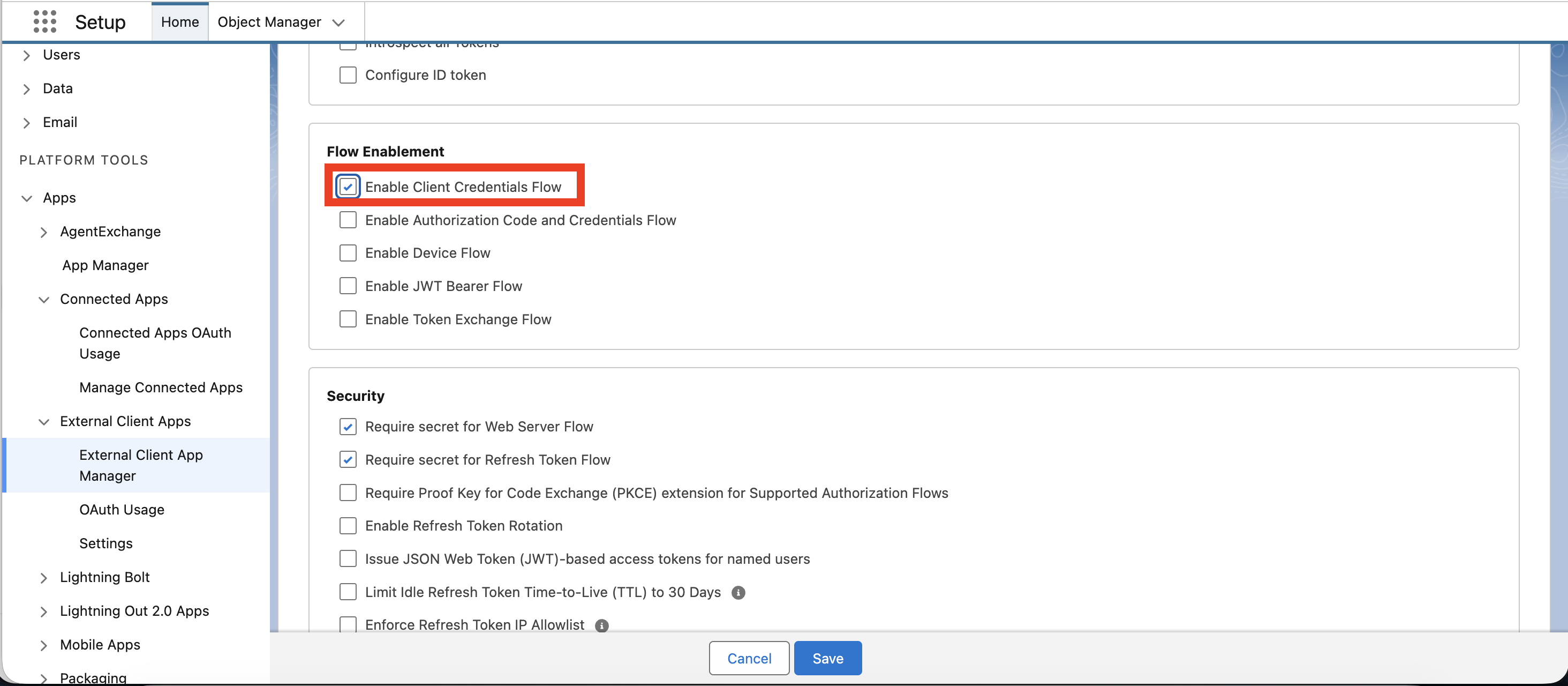 Enable the Client Credentials Flow under Flow Enablement