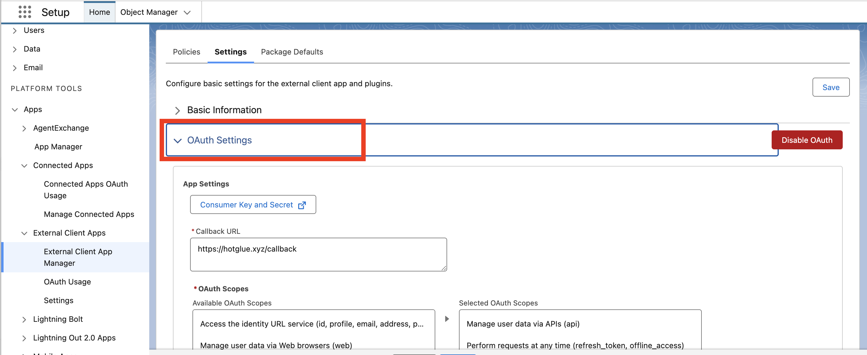 Expand OAuth Settings on the Settings tab
