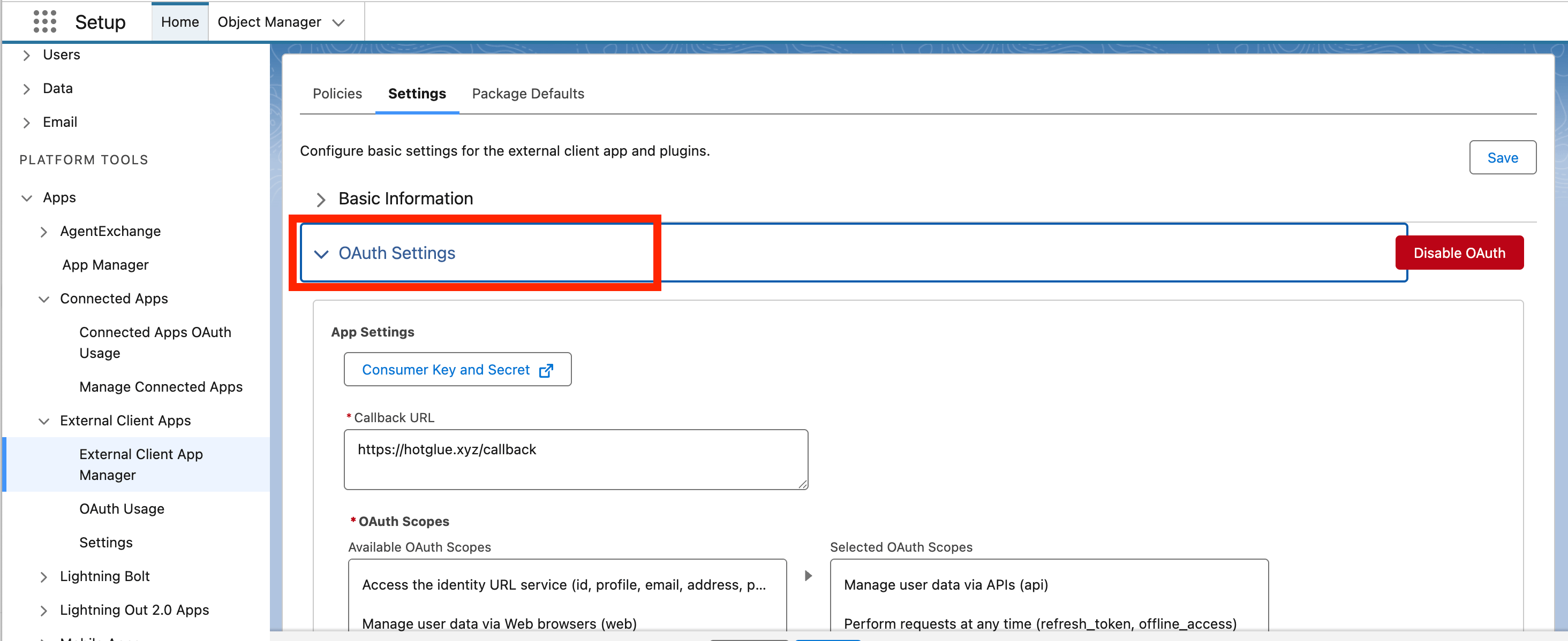 Expand OAuth Settings on the Settings tab