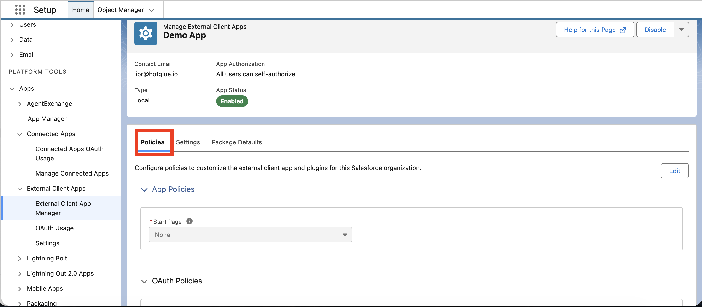 Open the Policies tab for the External Client App