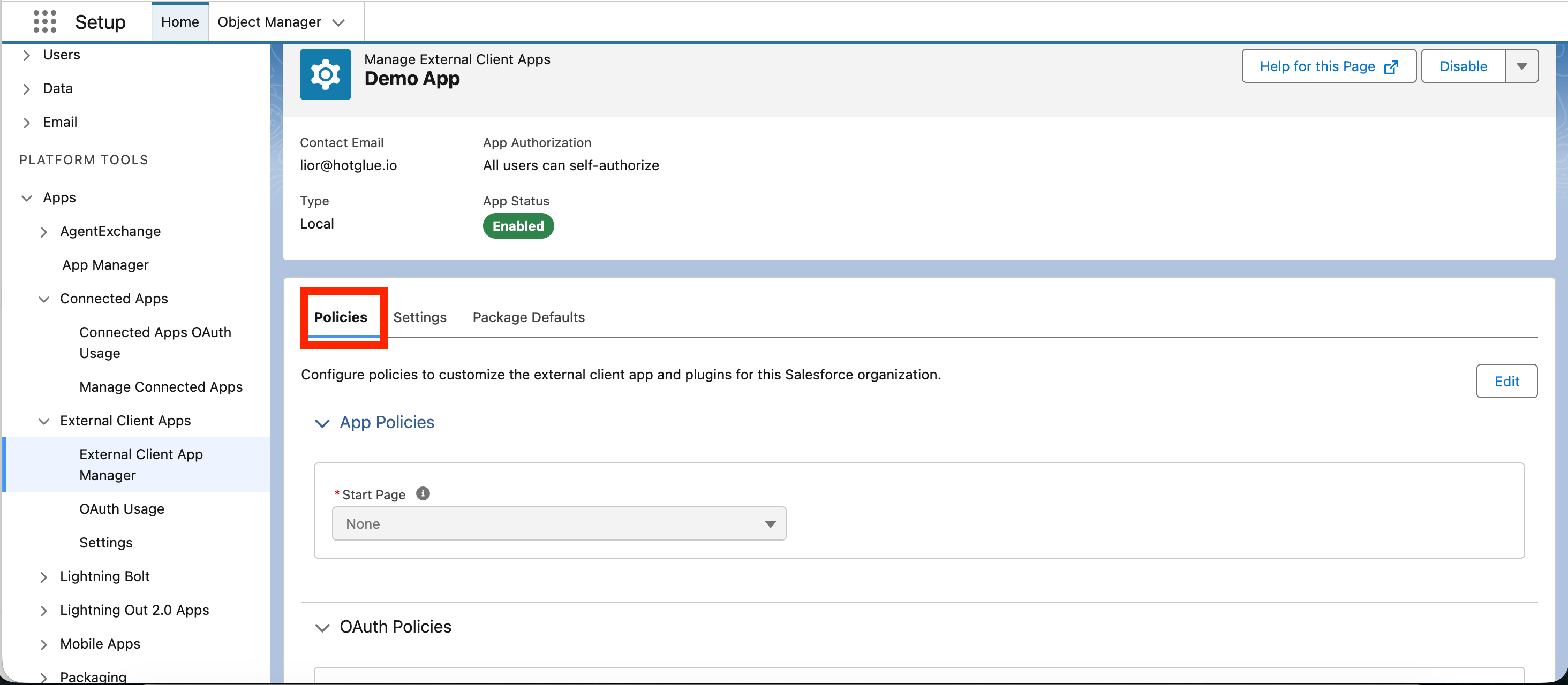 Open the Policies tab for the External Client App