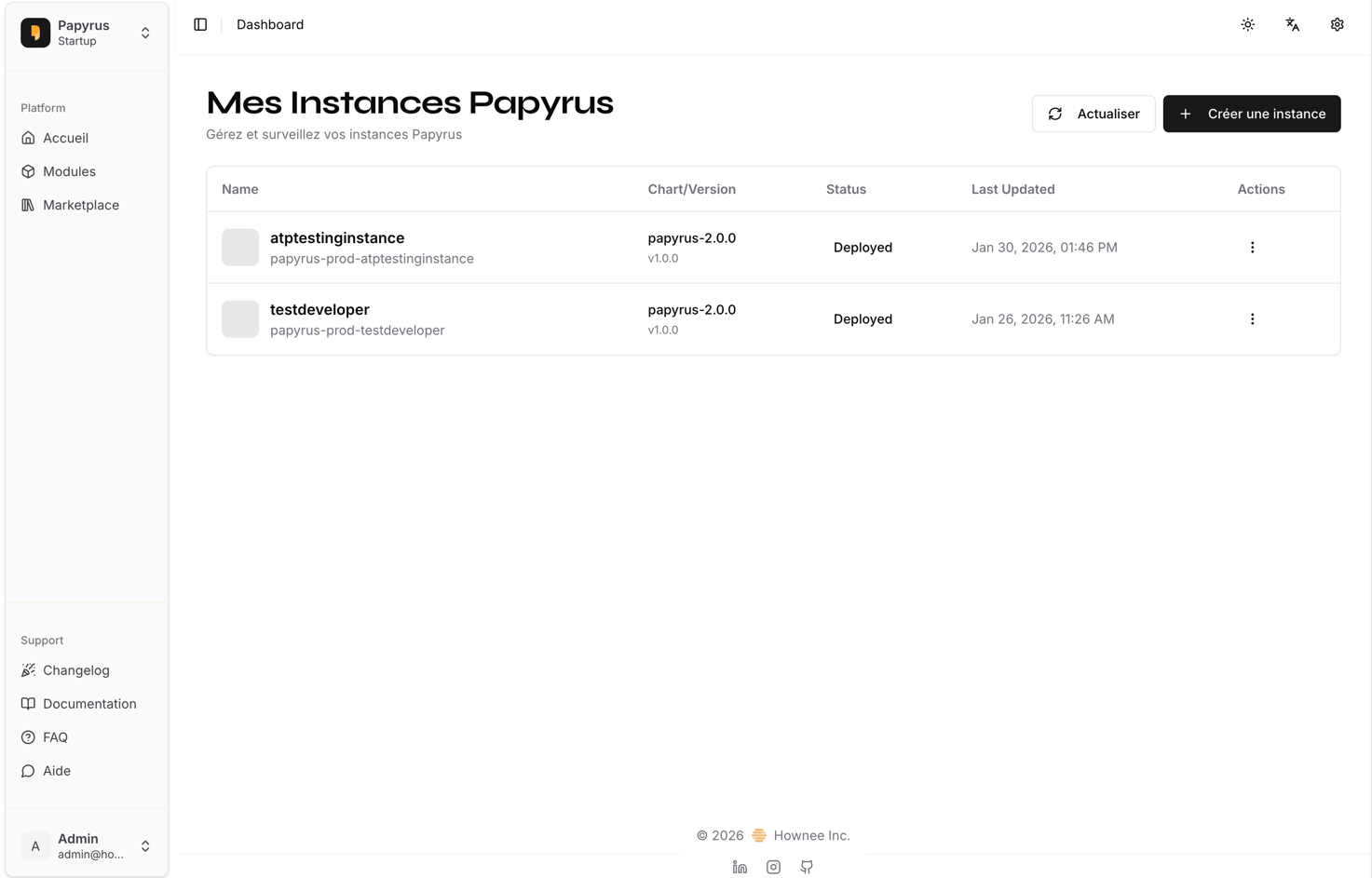 Papyrus dashboard after login