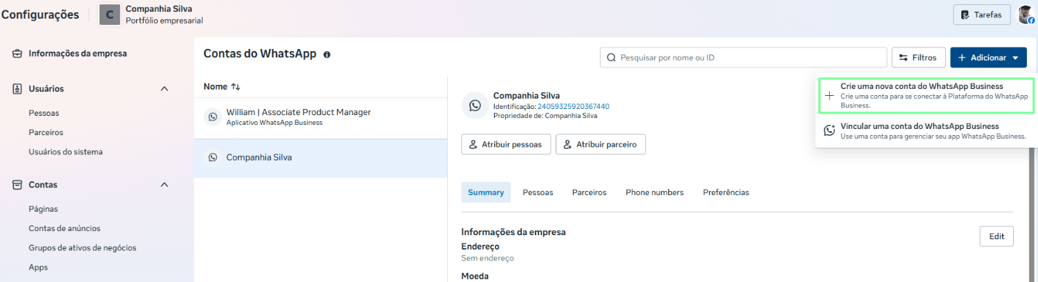 Criar nova conta do WhatsApp Business