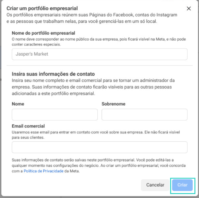 Botão criar portfólio