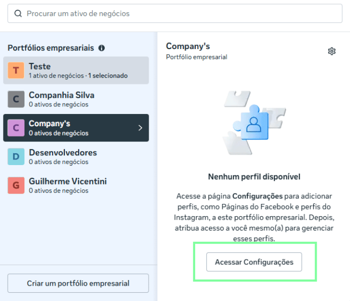 Acessar configurações do Portfólio Empresarial