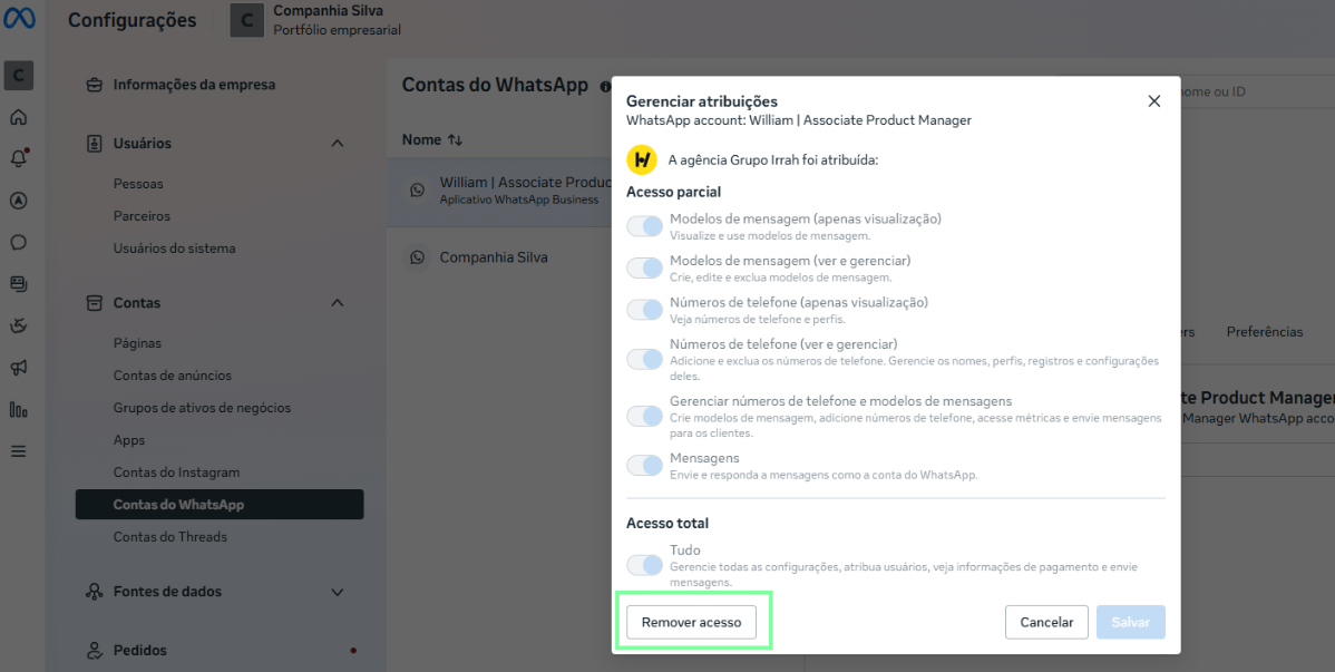 Remover acesso ao parceiro