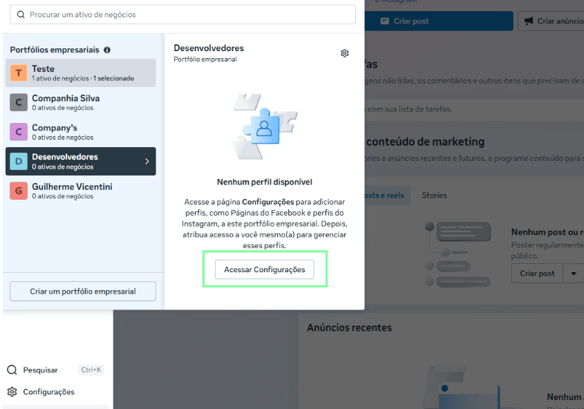 Acessar configurações do Portfólio Empresarial