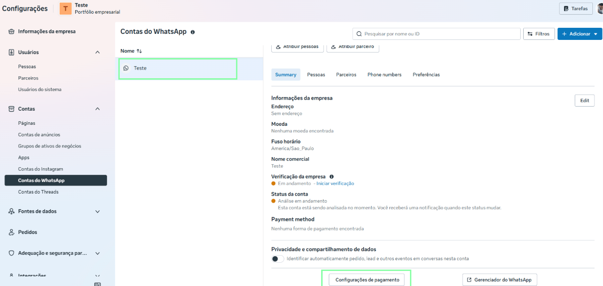 Configurações de pagamento