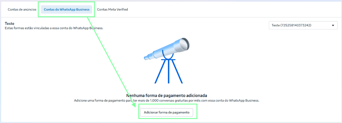 Vincular cartão à conta do WhatsApp Business