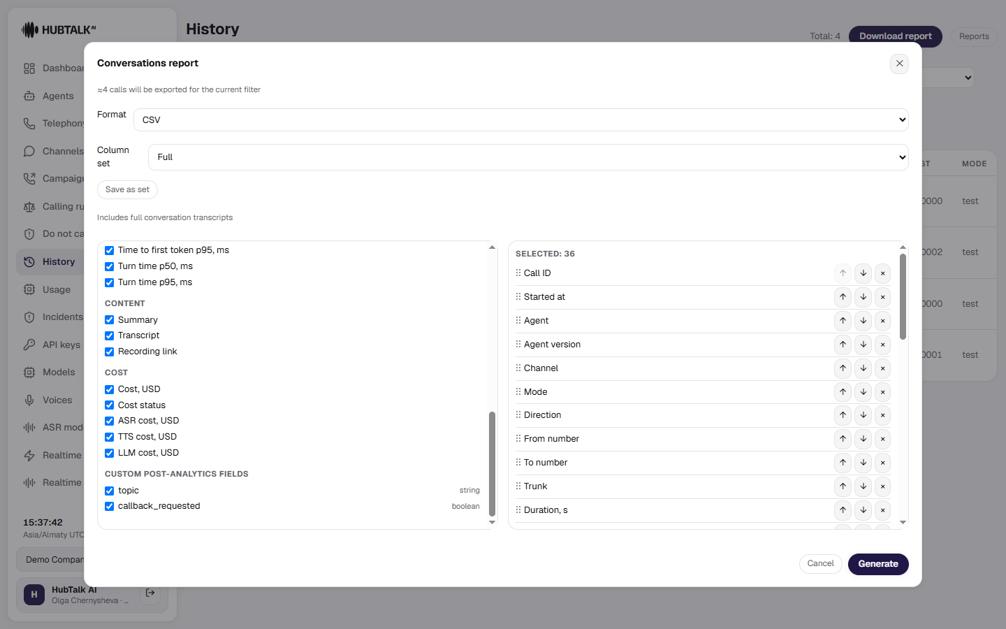 The report form with the Full preset: the transcript hint and the advanced column setup