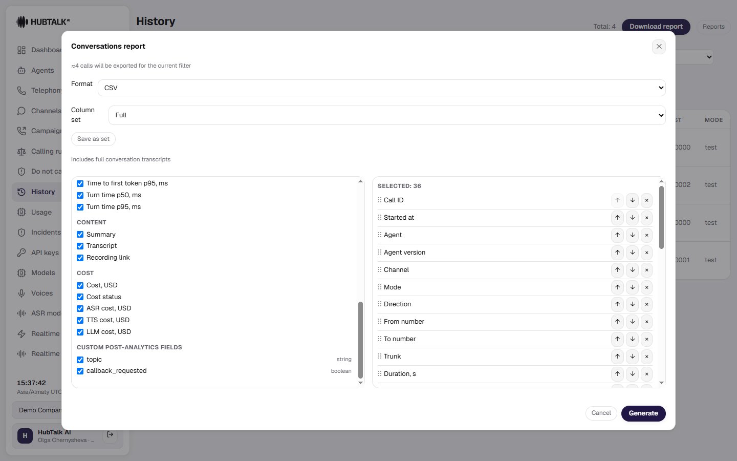 The report form with the Full preset: the transcript hint and the advanced column setup