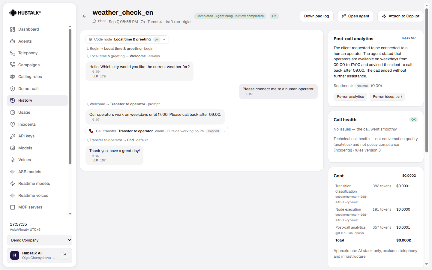 A call in the history: the transfer event marked skipped with the reason Outside working hours, the reply about working hours, and the default transition to the End node