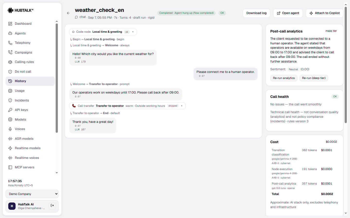 A call in the history: the transfer event marked skipped with the reason Outside working hours, the reply about working hours, and the default transition to the End node