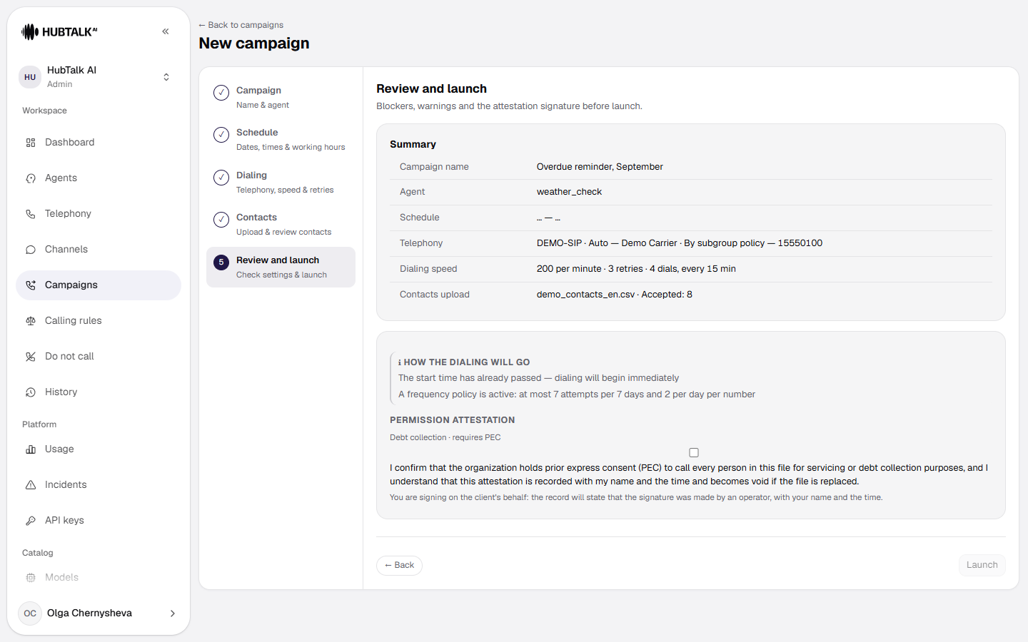 The Review and launch step: blockers, warnings and the permission attestation