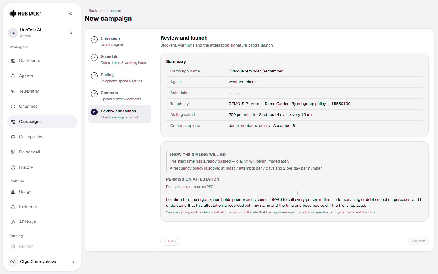 The Review and launch step: blockers, warnings and the permission attestation