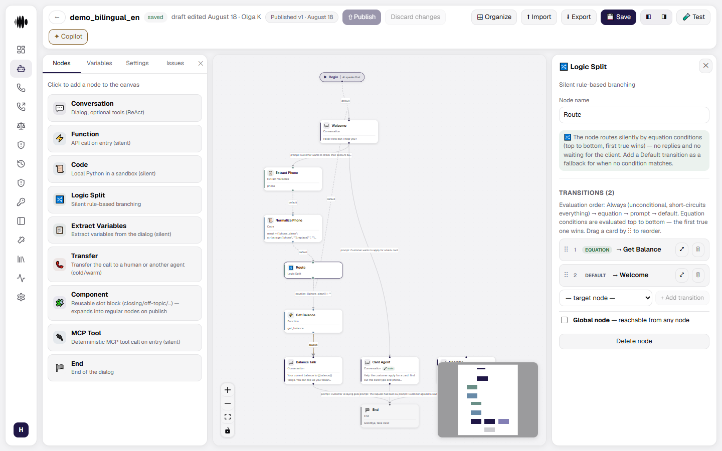 Open Logic Split node panel with several transitions