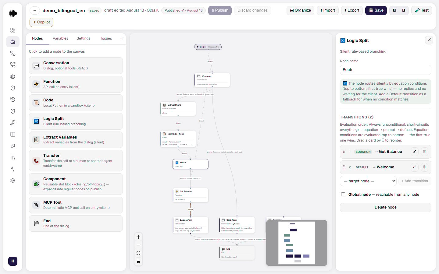 Open Logic Split node panel with several transitions