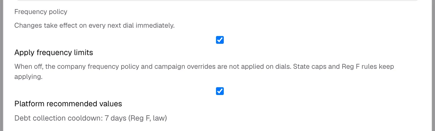Frequency policy block with the Apply frequency limits switch turned on