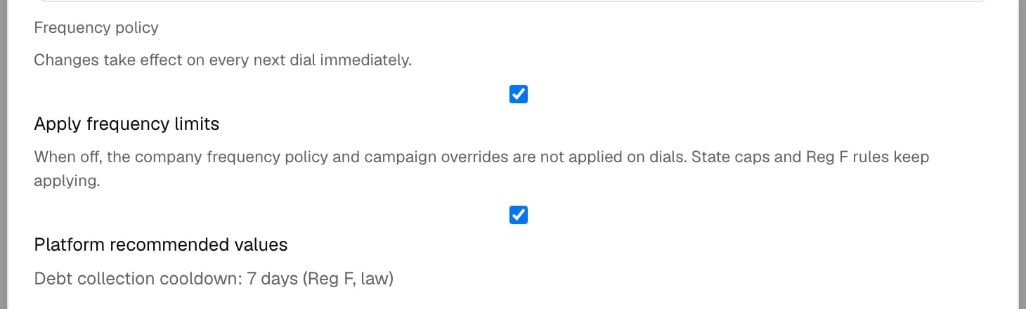 Frequency policy block with the Apply frequency limits switch turned on