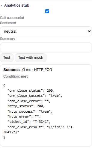 The analytics stub and the "Condition: met" line