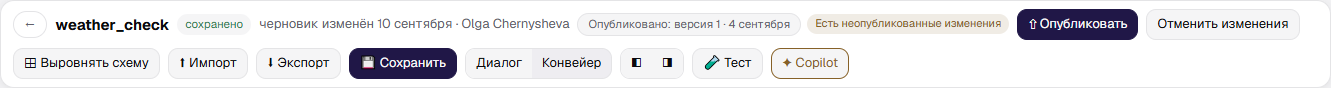 Шапка редактора с переключателем «Диалог / Конвейер»