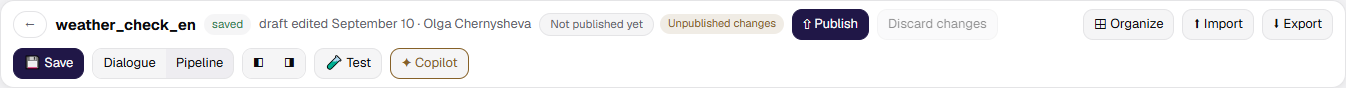 Editor header with the Dialogue / Pipeline switch