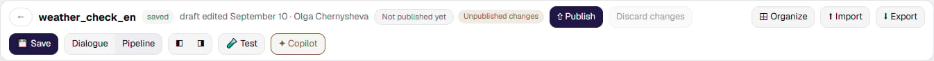 Editor header with the Dialogue / Pipeline switch
