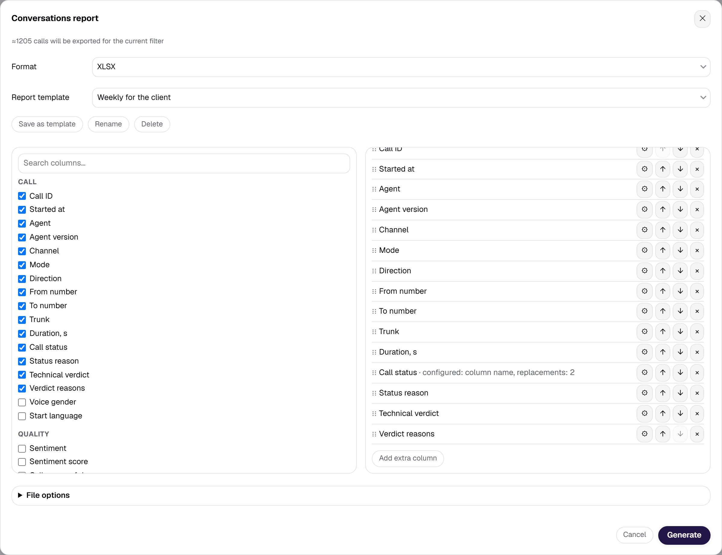 A saved template selected in the report form, with Rename and Delete next to it
