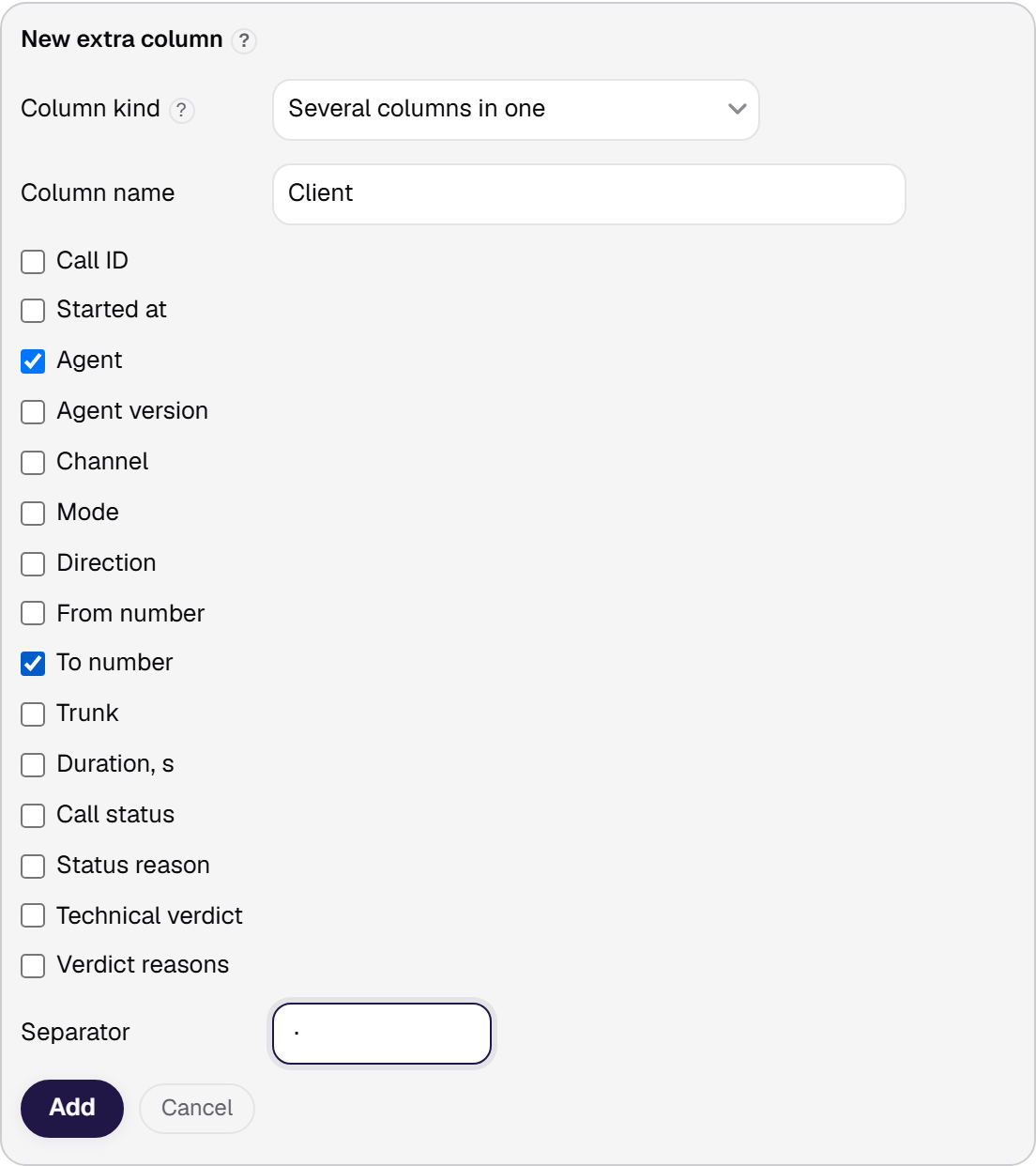 The new extra column card: two catalog columns joined with a separator