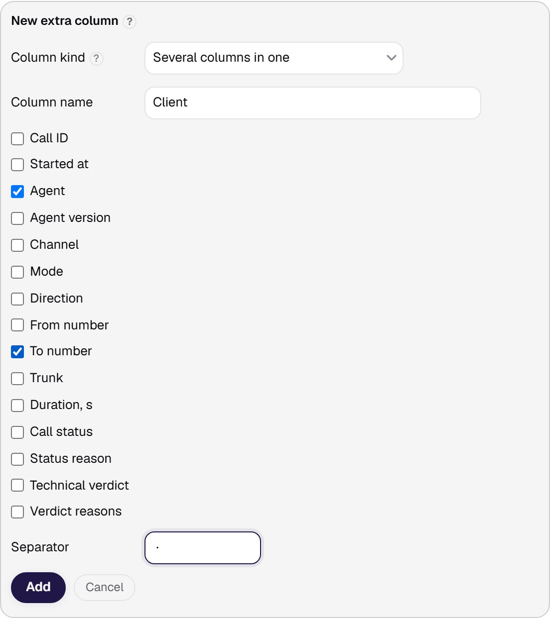 The new extra column card: two catalog columns joined with a separator