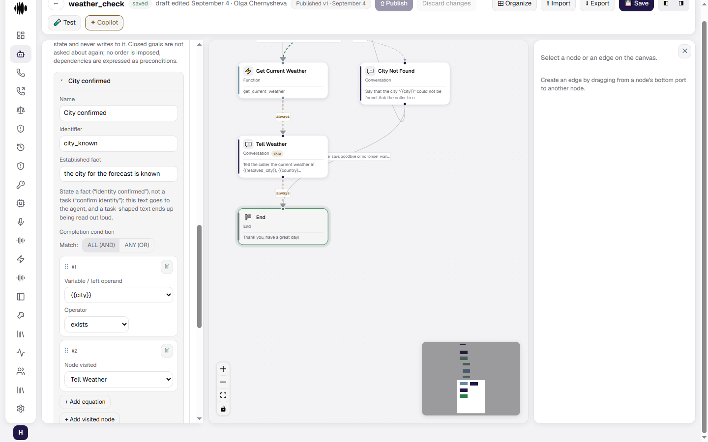 The Conversation goals section: goal fields, a condition from the builder and a Node visited card
