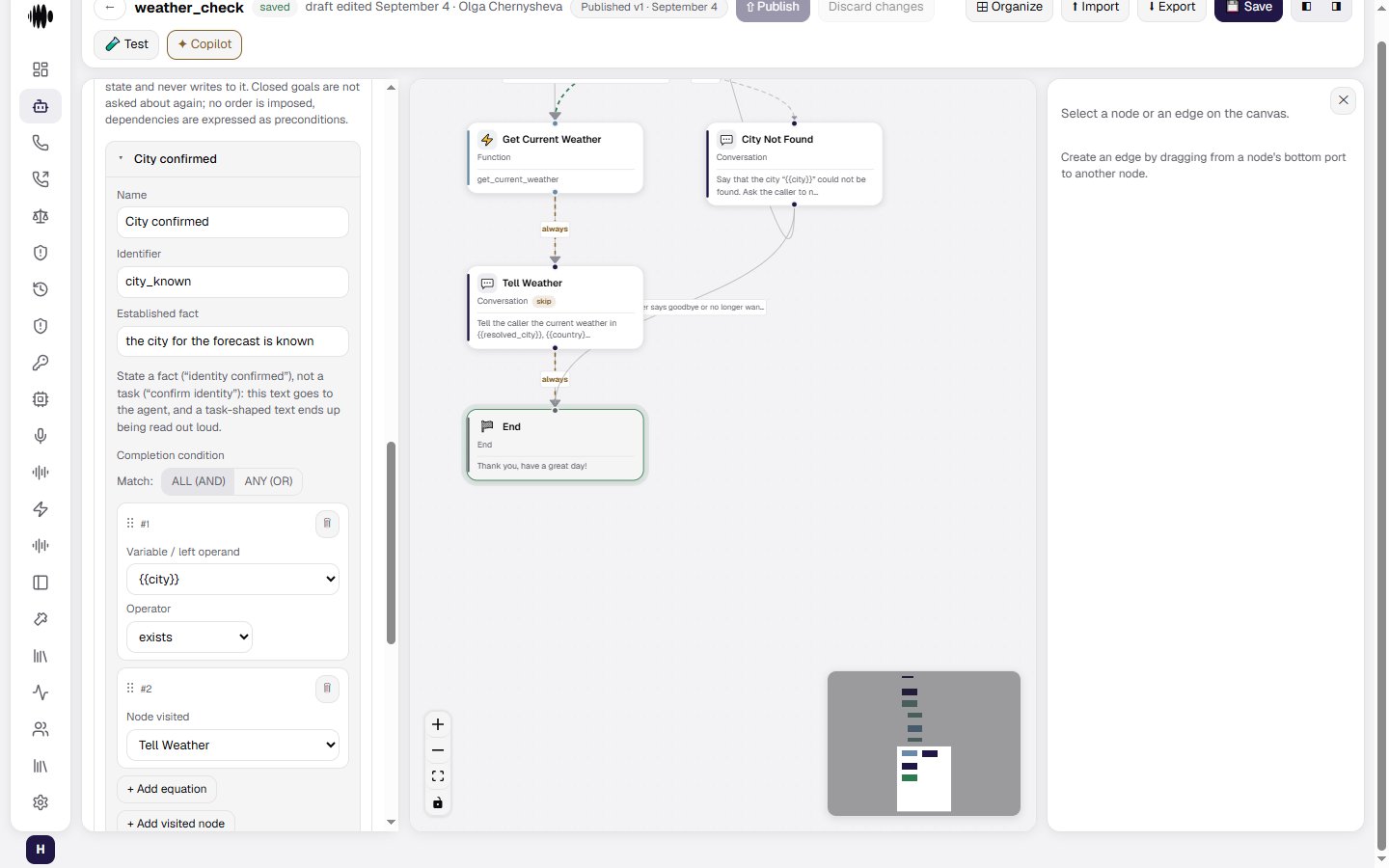 The Conversation goals section: goal fields, a condition from the builder and a Node visited card