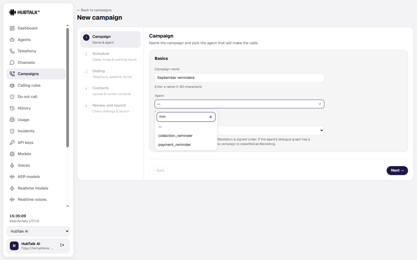 The agent field opened: a search box filters the list by name