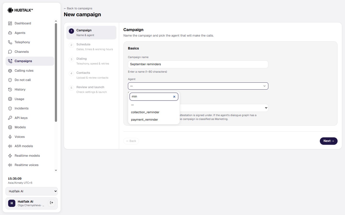 The agent field opened: a search box filters the list by name