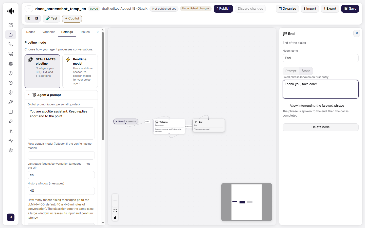 Create agent button and the settings panel right after creation