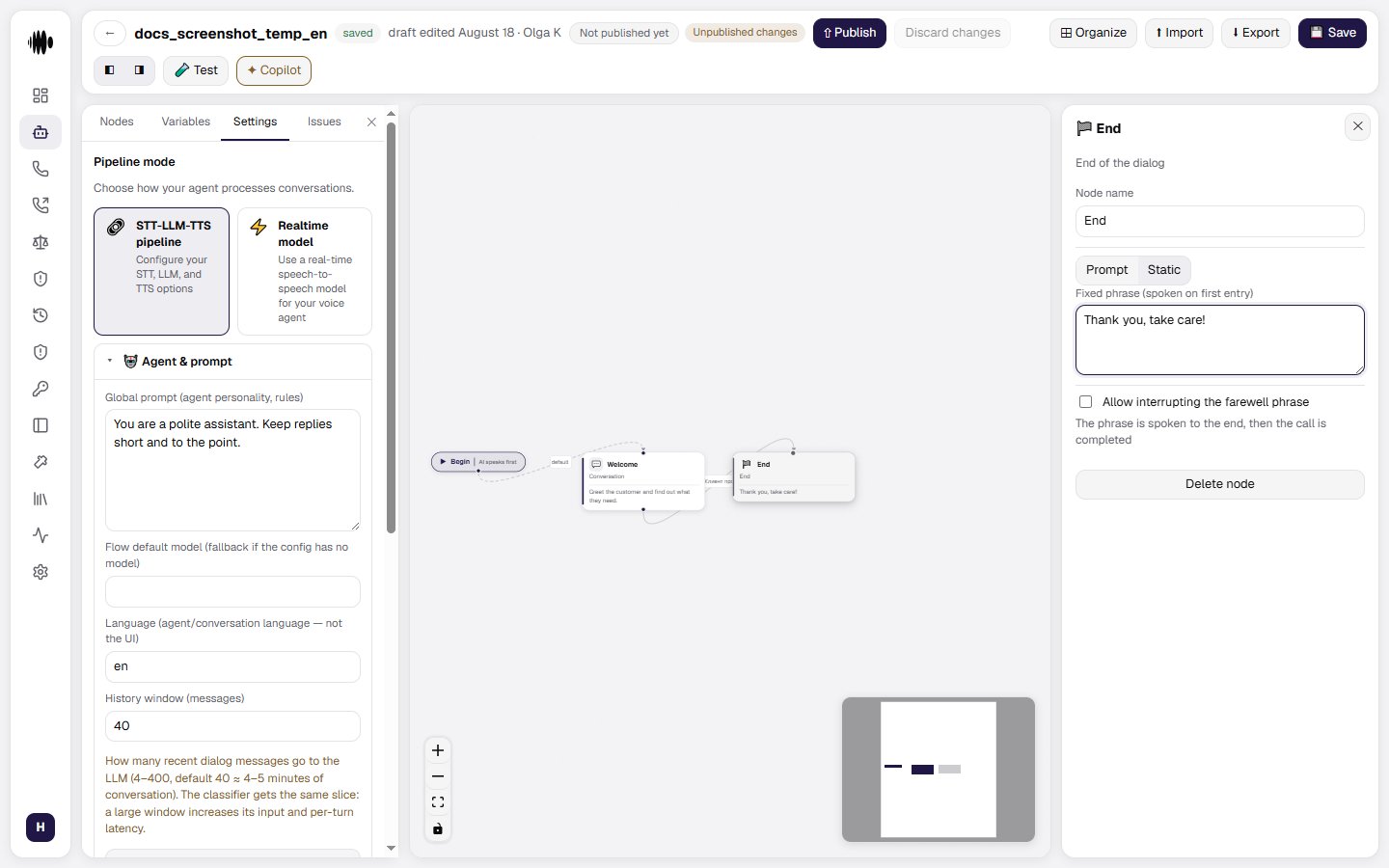 Create agent button and the settings panel right after creation