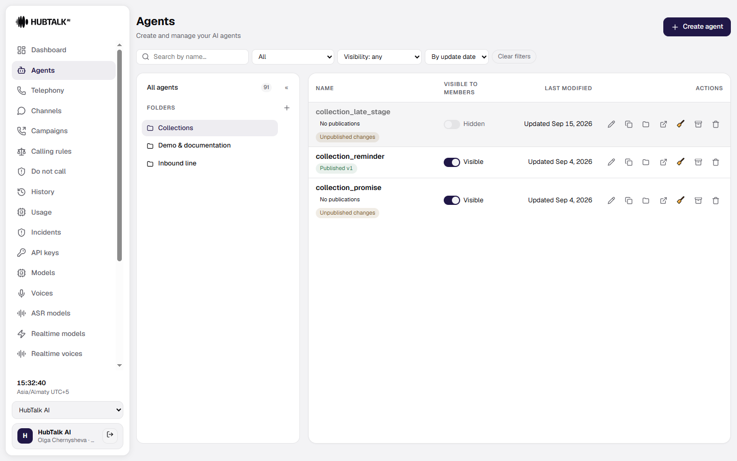 The Agents section: the table with organization folders and per-row actions