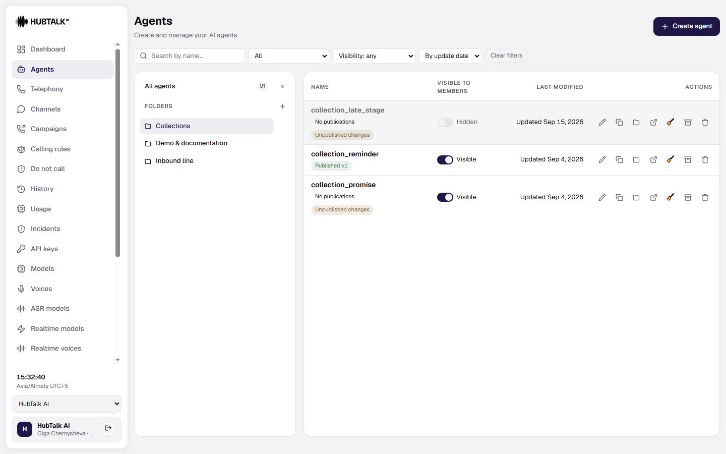 The Agents section: the table with organization folders and per-row actions