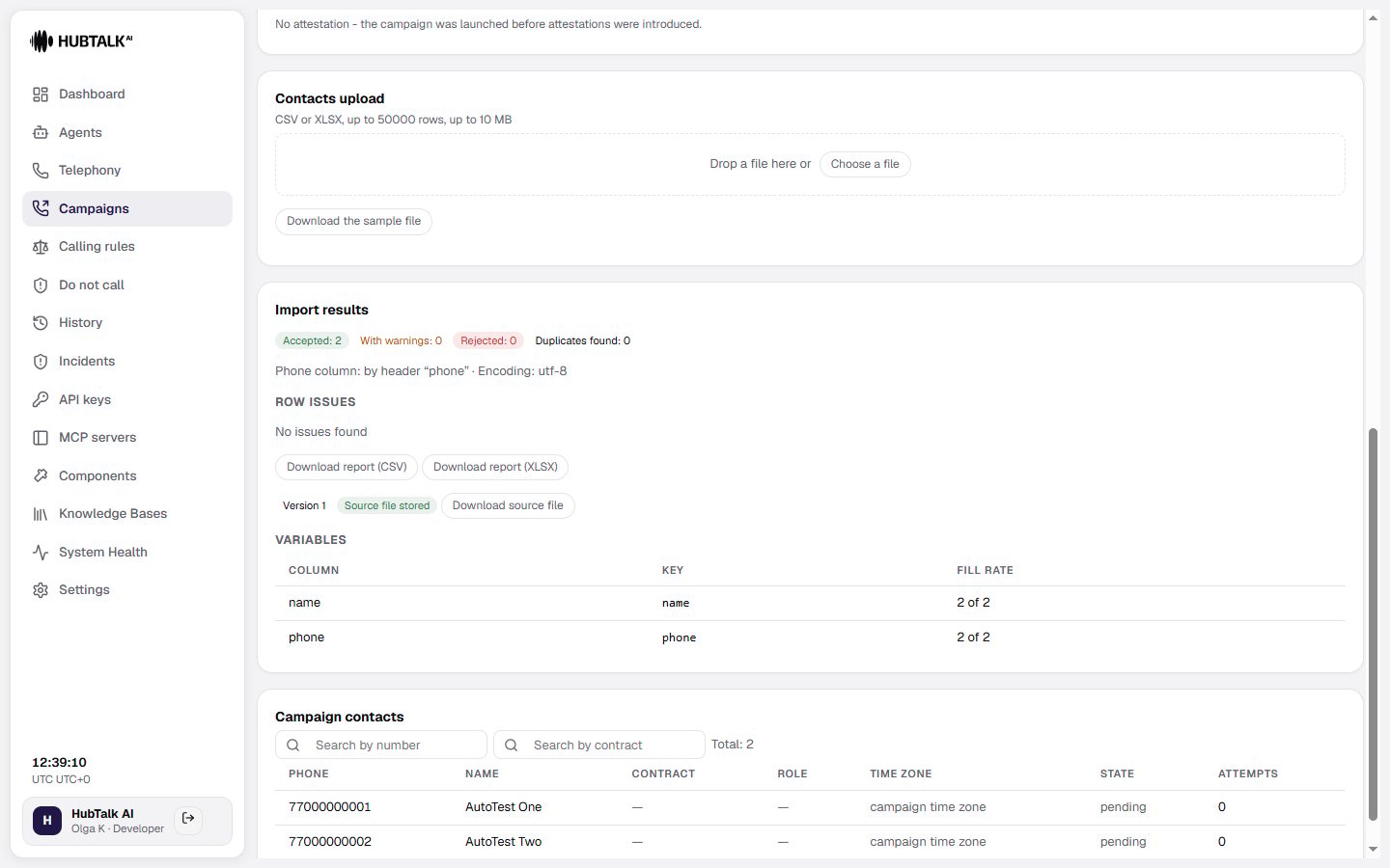 Contacts upload and Import results blocks