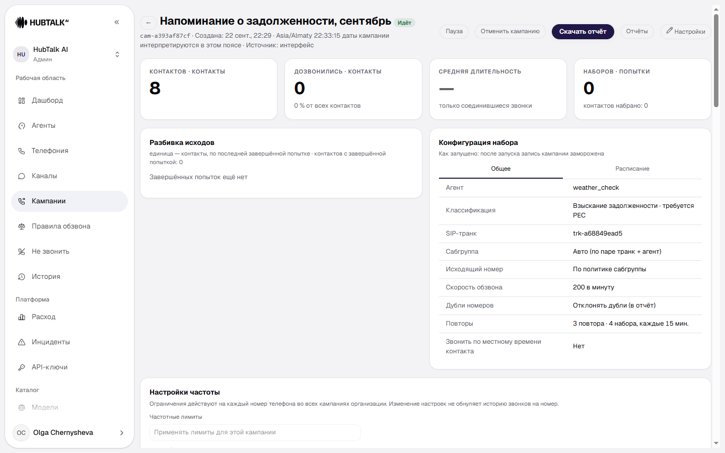Метрики кампании: «Контактов», «Дозвонились», «Средняя длительность» и «Наборов»